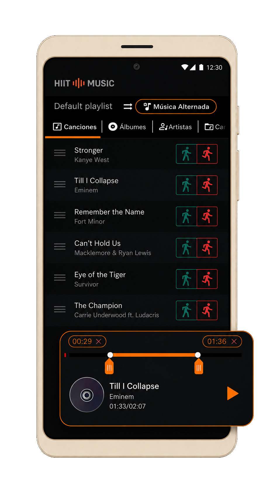 Promotional screenshot showing music assignment and trimming in HIIT Music